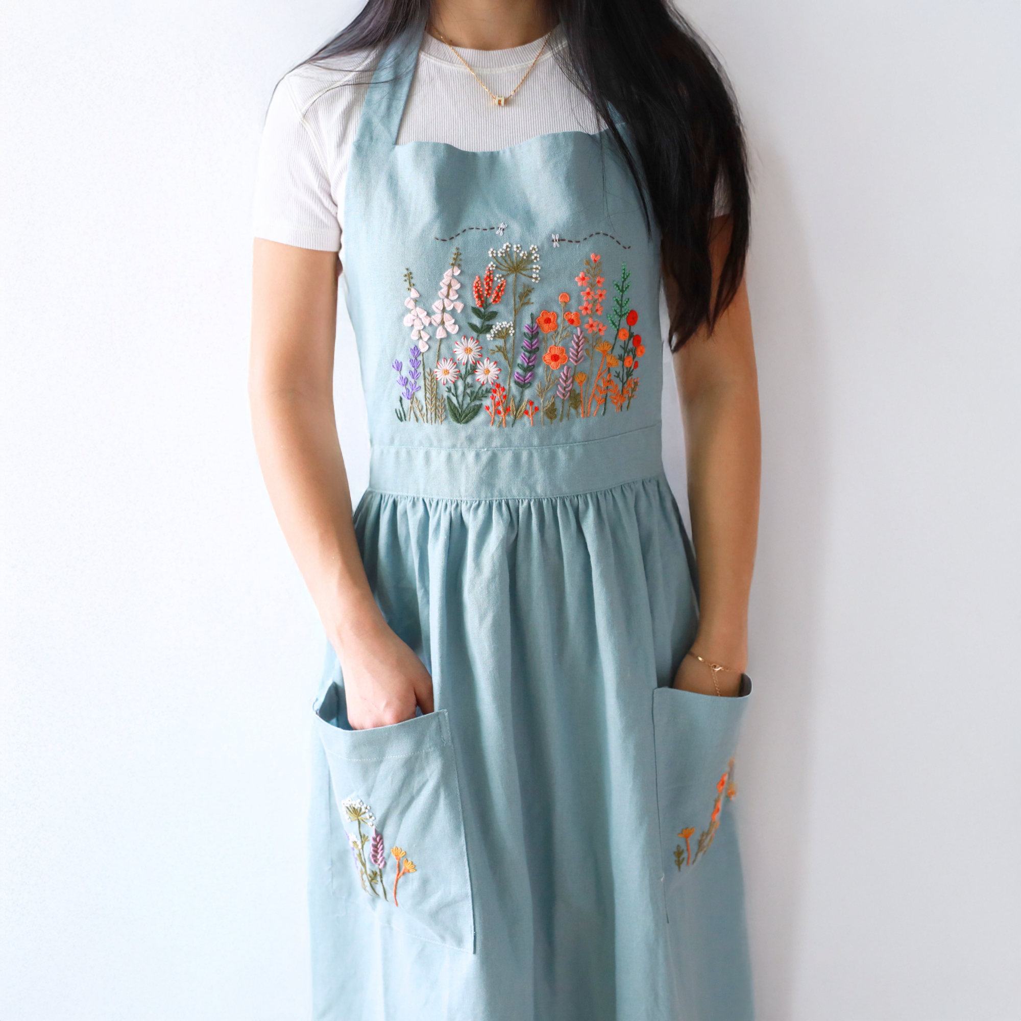 Finer Embroidery - Wholesale Apron - Hand Embroidered Blue Linen Apron2