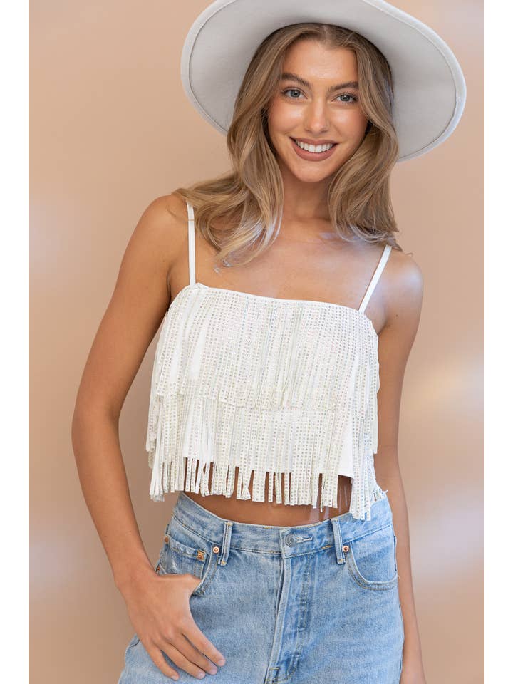 RED 32247T - Satin Base Studded Tiered Fringe Cami Top for wholesale on Faire16