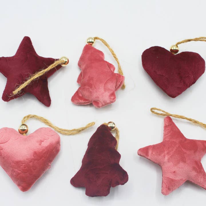 Boîte de 12 décorations de Noël en velours bordeaux et rose pour la vente par Fioretto Renato S.r.l.