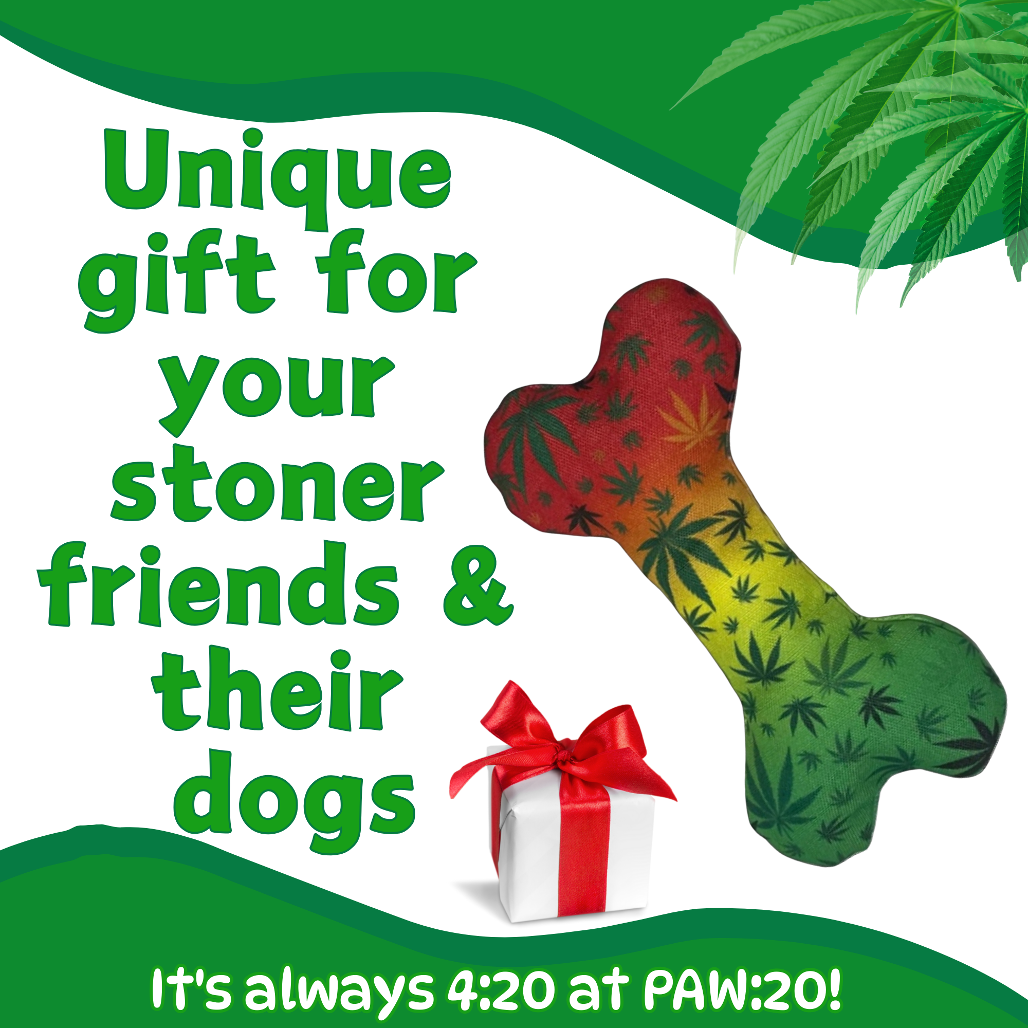 PAW:20 - Wholesale Pet Squeaky Toy - Dog - Stoned to da Bone, Rasta Weed Leaf Patten, 420 Bone Dog Toy5