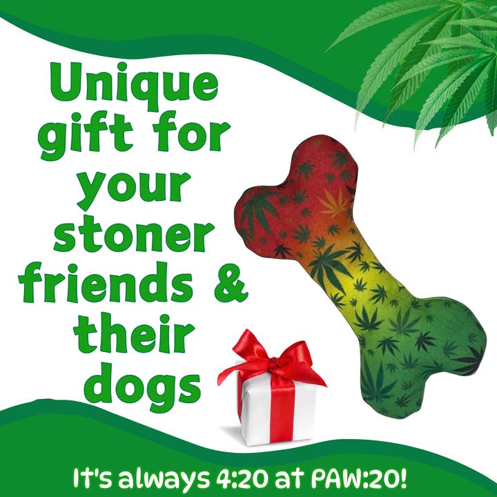 PAW:20 - Wholesale Pet Squeaky Toy - Dog - Stoned to da Bone, Rasta Weed Leaf Patten, 420 Bone Dog Toy5
