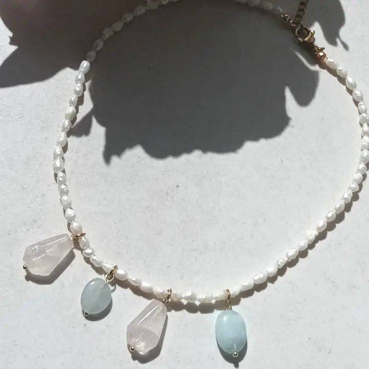 OE! - Wholesale Beaded/Pearl Necklace - SPRING – Necklace with Aquamarine, Rose Quartz, and Pearls4