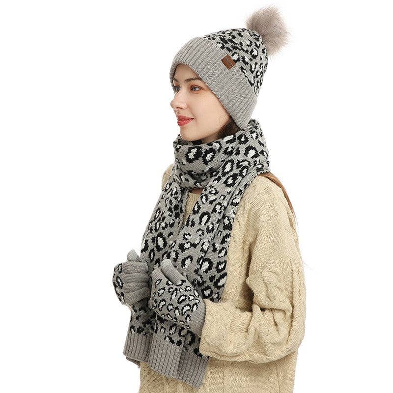 ShieldChic - Wholesale Winter Accessory Set - Women's - Leopard Print Warm Wool Hat Scarf Gloves Three-Piece Set1