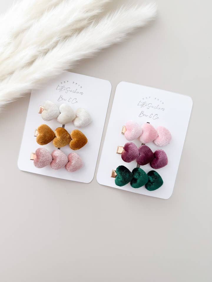 Velvet Heart Hair Clip Sets- Sets of 3 for wholesale by Little Sunshines Bow & Co
