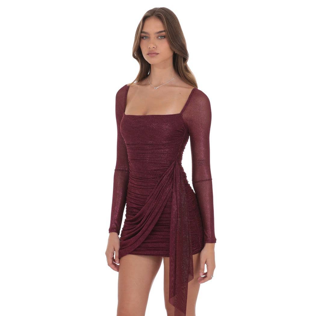 Lucy In The Sky – wholesale Klänning - Dam – Folienät Långärmad Klänning med Tofsar i Vinröd2