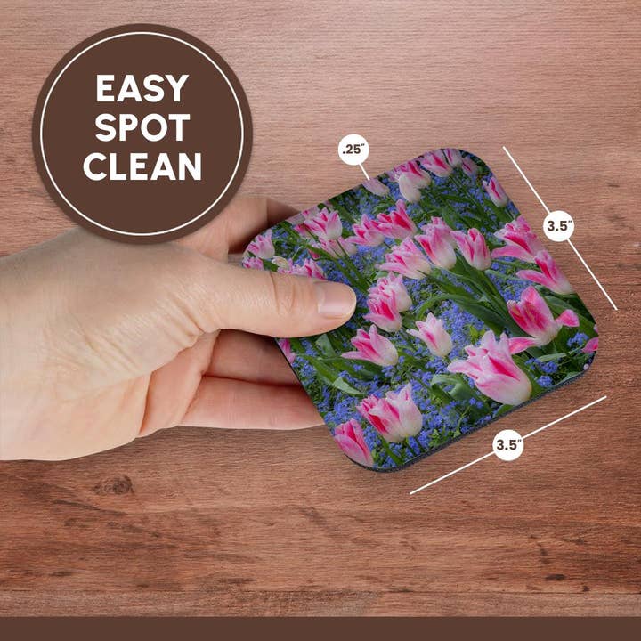 3dRose - Wholesale Coasters - 3dRose, Pink tulips intermixed with forget-me-nots. , Coaster13