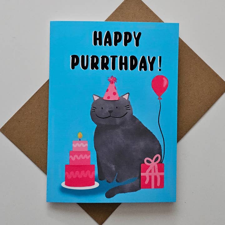 Happy Purrthday Greeting Card for wholesale by Art By Kay Rae