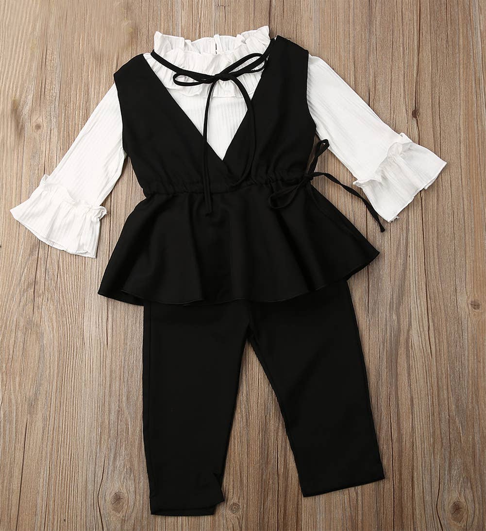 Fennco Styles – Conjunto de camisola e calças – criança por atacado – Conjunto de Roupa de Menina 3pcs Preto & Branco3