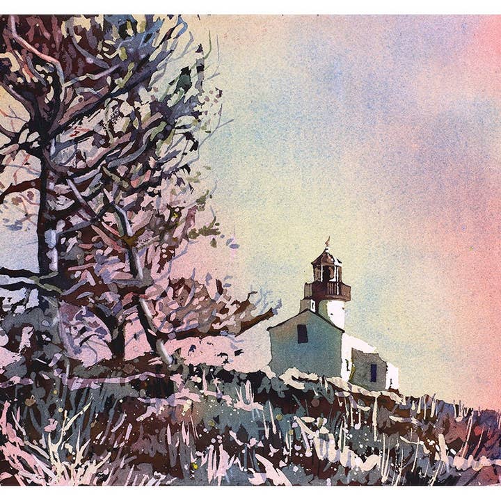 De vuurtoren van Point Loma in het nationale monument Cabrillo. Aquarel van vuurtoren. Vuurtoren kunstdruk vuurtorendecor strandkunst (print) voor wholesale door Ryan Fox Fine Art