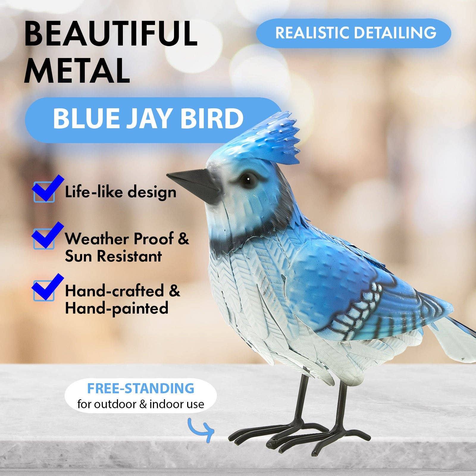 The Wine Savant /  Khen Glassware – Engroshandel Udendørs pynt/dekoration – Blue Jay Metal Bird, Garden Yard Skulptur Kunst - Stor1