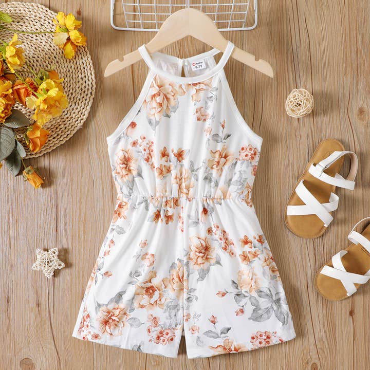 Kid Girl Floral Print Halterneck Jumpsuit for wholesale by PatPat
