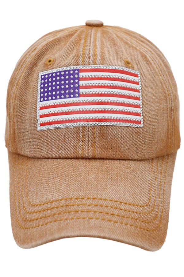 Cap Zone - Wholesale Baseball Cap - Unisex - American Flag Rhinestone Patch Washed Denim Baseball Cap7