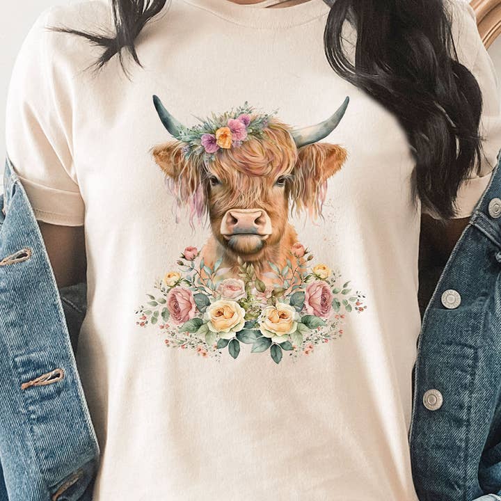 Floral Garden Baby Highland Cow Graphic Tee for wholesale by Kissed Apparel