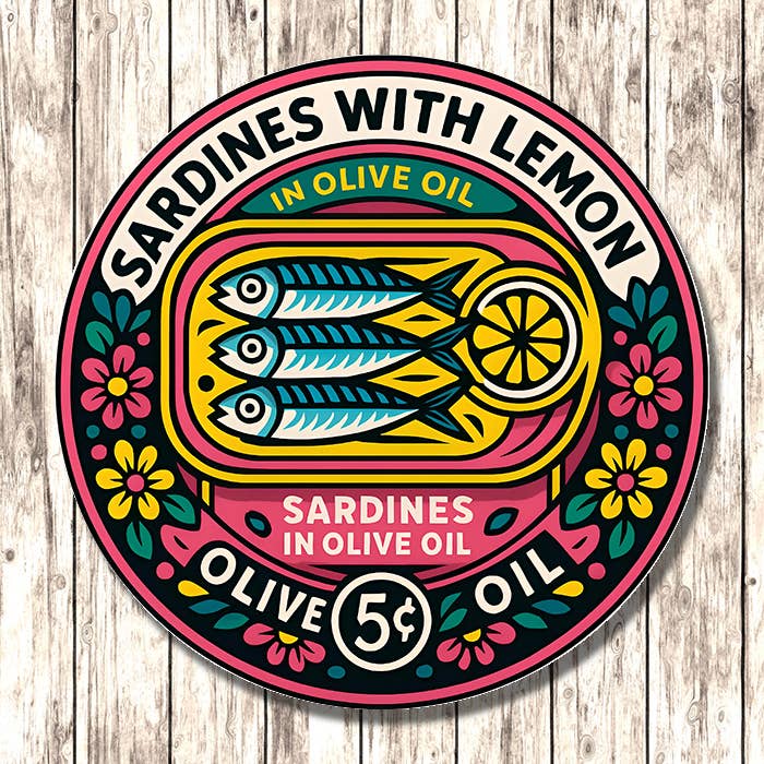 Sardines Lemon Olive Oil Retro Kitchen Circle Metal Sign for wholesale by The British Metal Signs Company