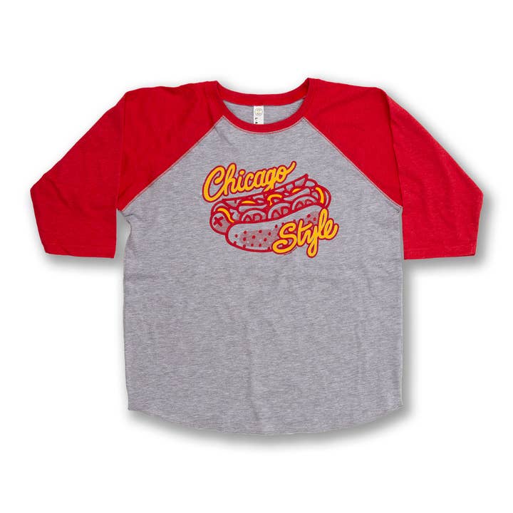 Chicago Style Hot Dog Raglan - Youth Tee for wholesale by Transit Tees