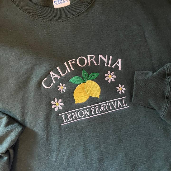 "CALIFORNIA LEMON FESTIVAL" EMBROIDERED DARK GREEN CREWNECK for wholesale by Abelina Shop