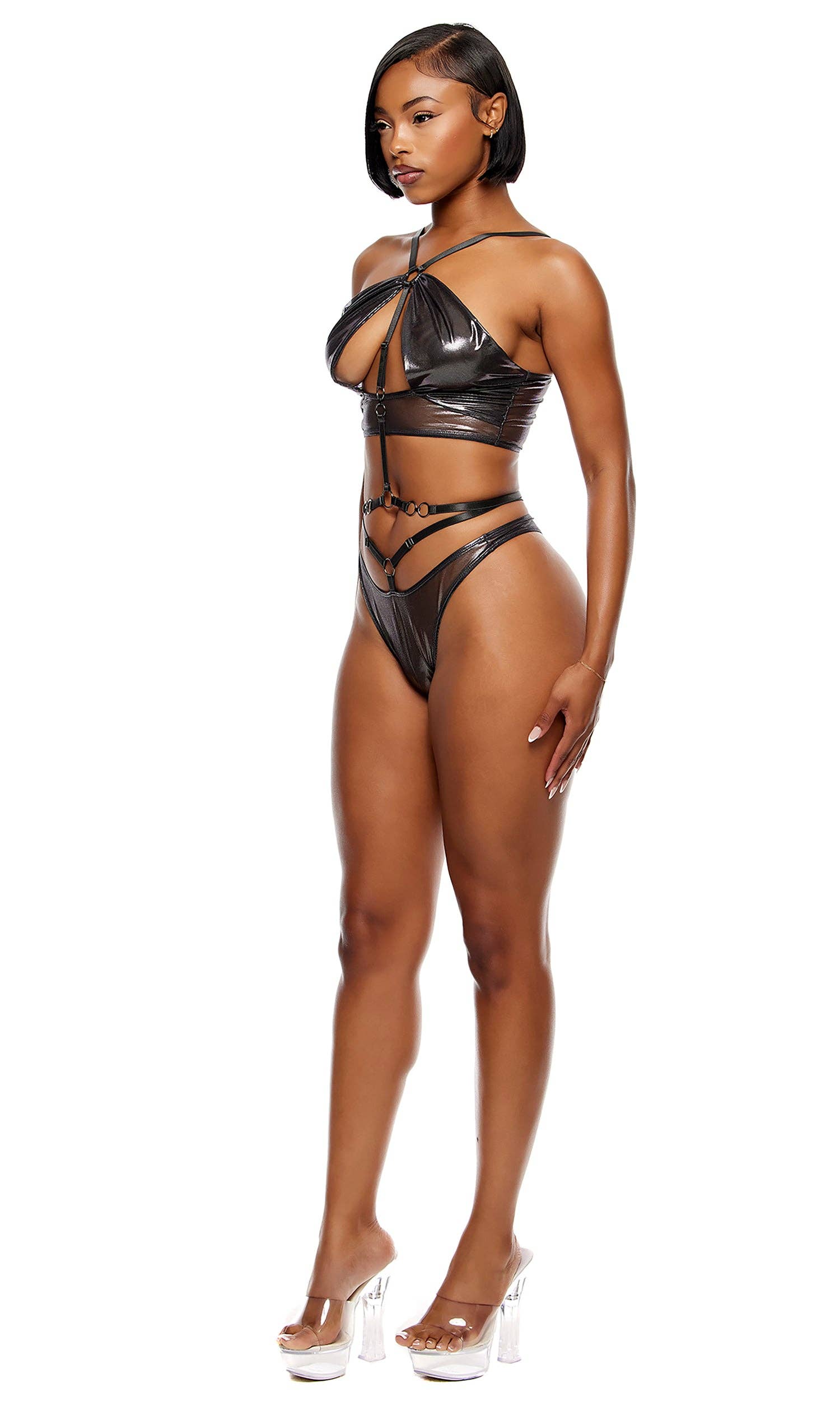 Liquid Metal Metallic Mesh Halterneck Bra Lingerie Set - Gunmetal for wholesale on Faire0