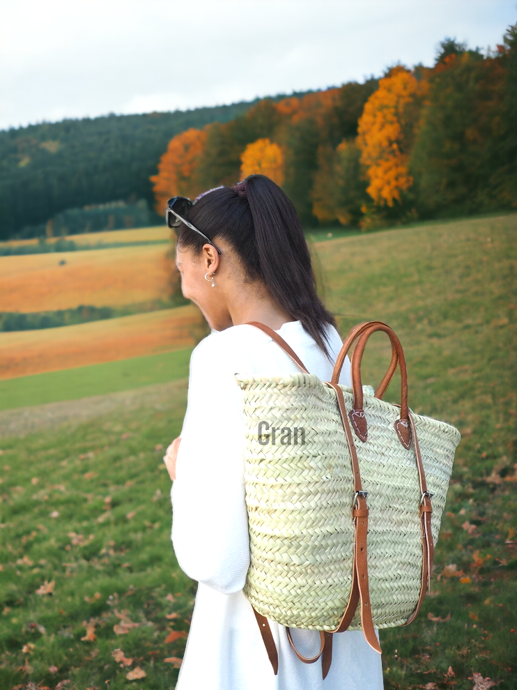 Gran Wholesale - Wholesale Backpack - Women's - Moroccan French Market Basket Bag - Backpack with Leather0