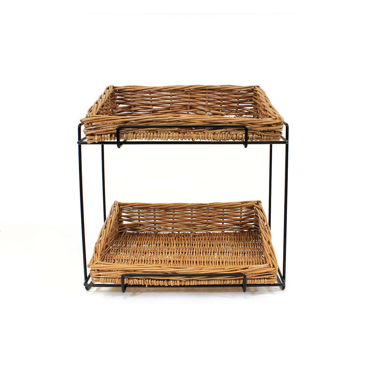 Gadsby – wholesale Retailer display stand/case – Wide 2 Tier Wire Display Stand with Wicker Baskets1