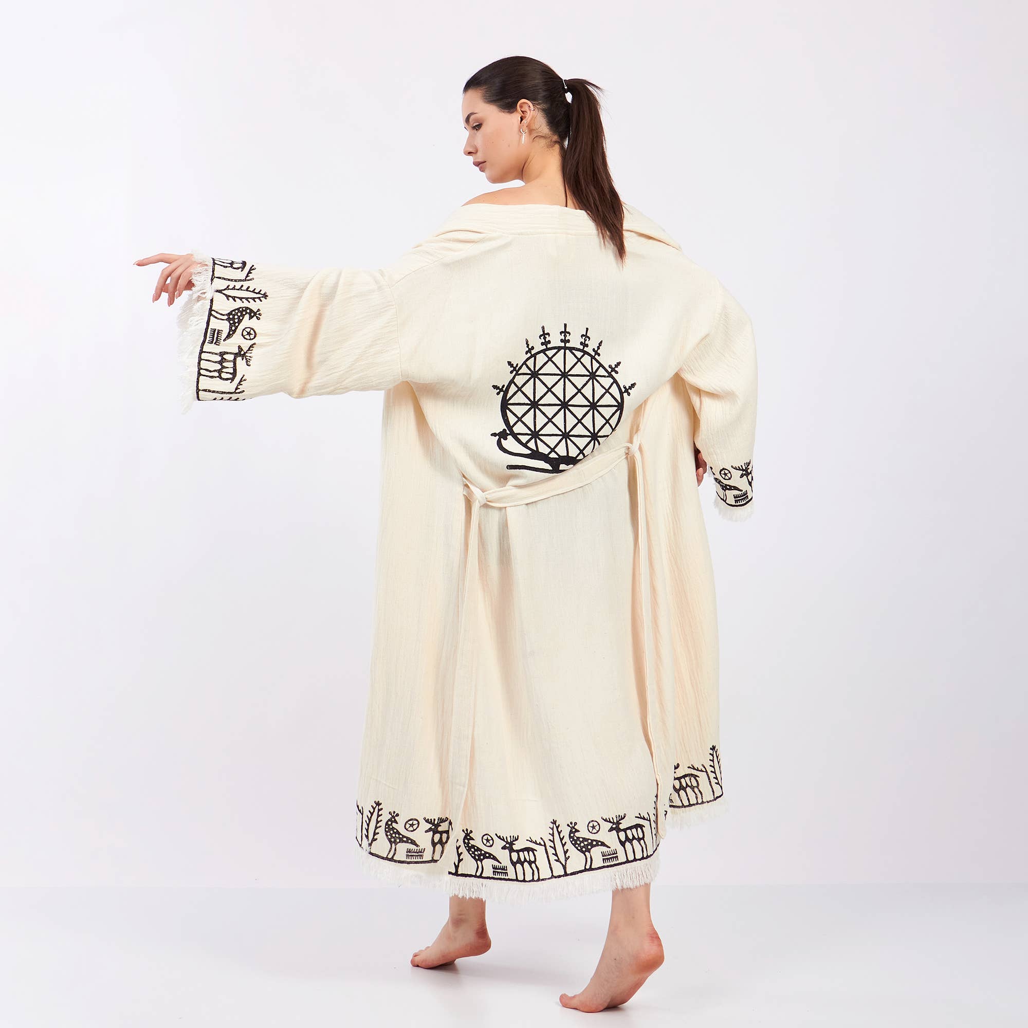 Yaz Concepts - Vente Kimono – femme - Peignoir kimono blanc en coton à motif primitif biologique turc10
