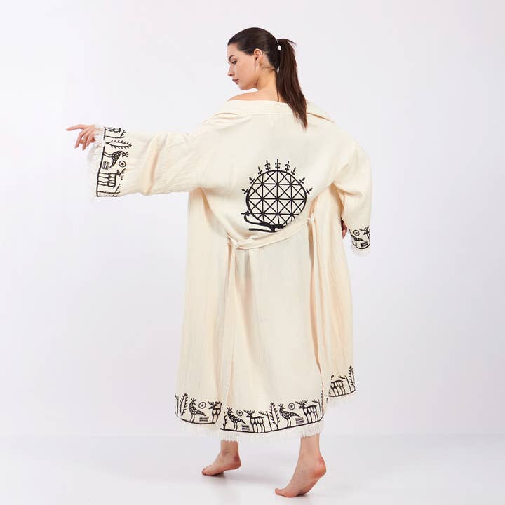 Yaz Concepts - Vente Kimono – femme - Peignoir kimono blanc en coton à motif primitif biologique turc10