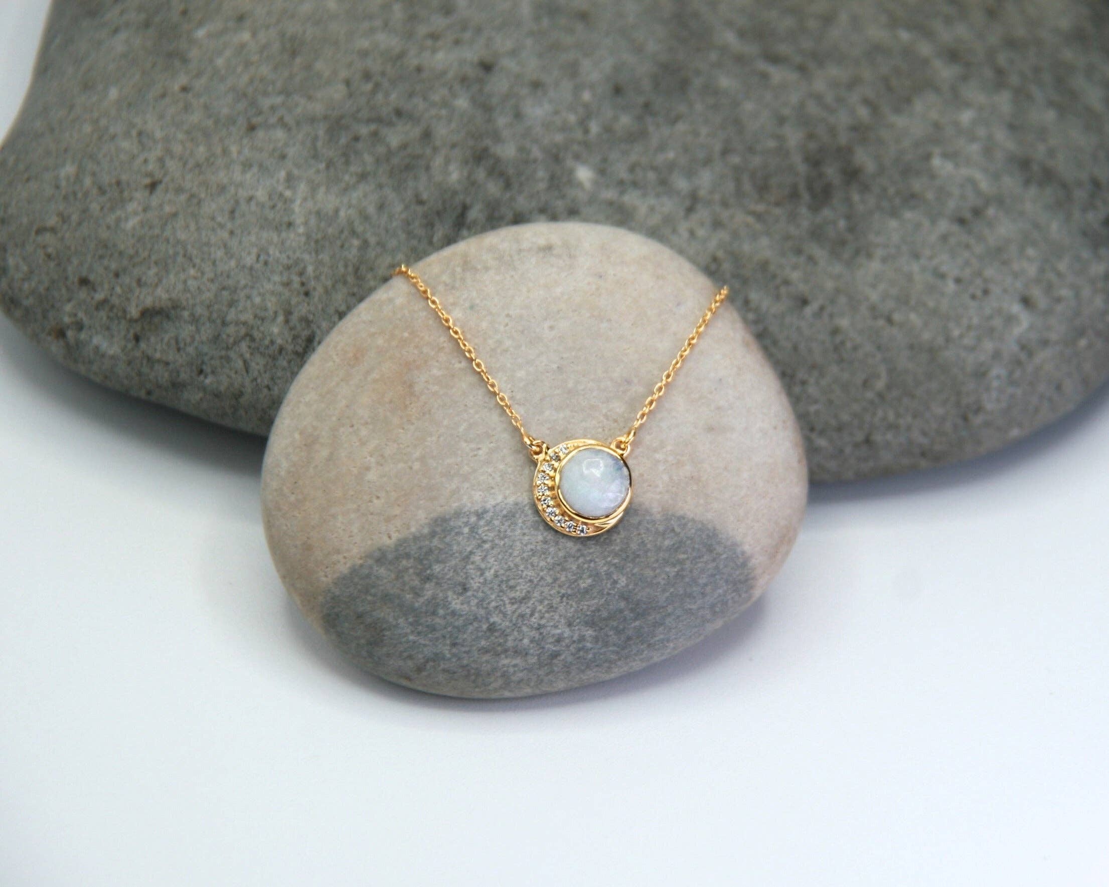 Heart and Lotus Sterling Silver Jewelry - Wholesale Pendant/Charm Necklace - Crescent Moonstone Necklace in Rainbow Moonstone, Cubic Zirconia + Gold4