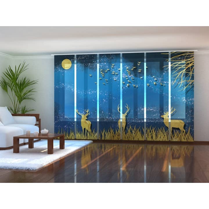 Lot de 6 rideaux à panneaux en forme de cerf doré dans la nuit bleue pour la vente par IlyDecor