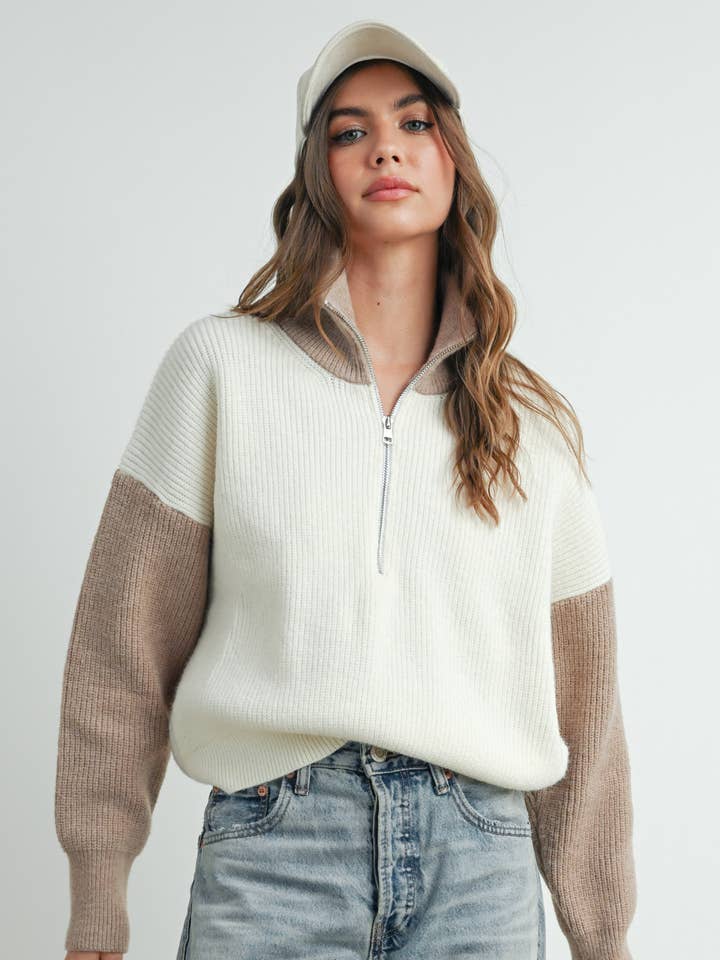 BUTTERMELON - Wholesale Cardigan - Women's - Color Block Collar Half Zipper Pullover Sweater - BMW7589