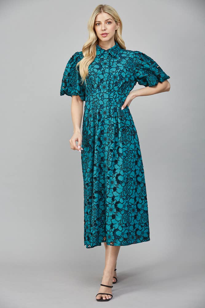 FATE - Wholesale Dress - Women's - PLEATED WAIST HALF BUTTON DETAIL EYELET LACE DRESS FD3546311