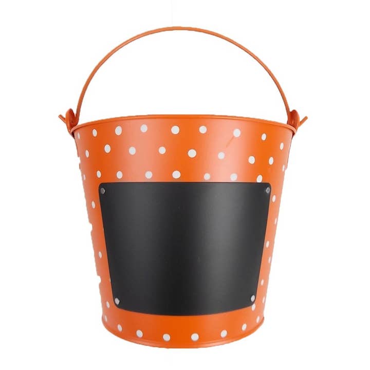 Blecheimer mit weißen Tupfen, Griff und Tafel, Orange-Weiß - 7,5" hoch für den Großhandel von Birch Maison