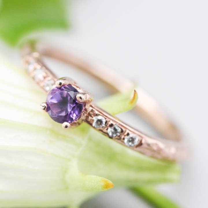 Amethyst Ring with Diamonds on 14k Rose Gold Band for wholesale by Metal Studio Jewelry