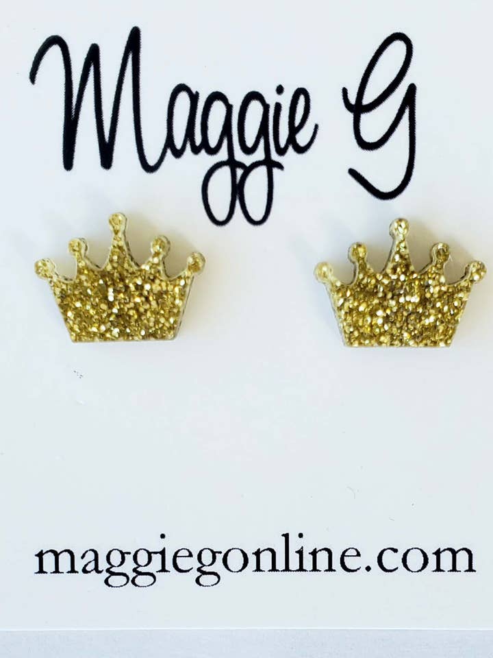 Mardi Gras Crown Stud Earrings Fat Tuesday Gold Glitter for wholesale by Maggie G