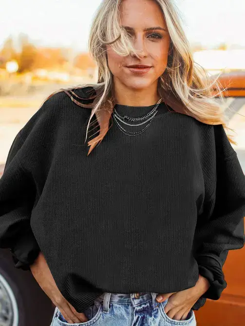 Lovesoft – wholesale Sweatshirt - Dam – Ljusgrå långärmad ribbad överdimensionerad tröja10