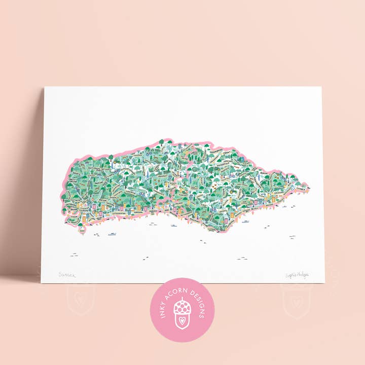 Carte illustrée du Sussex, impression d'art signée pour la vente par Inky Acorn Designs