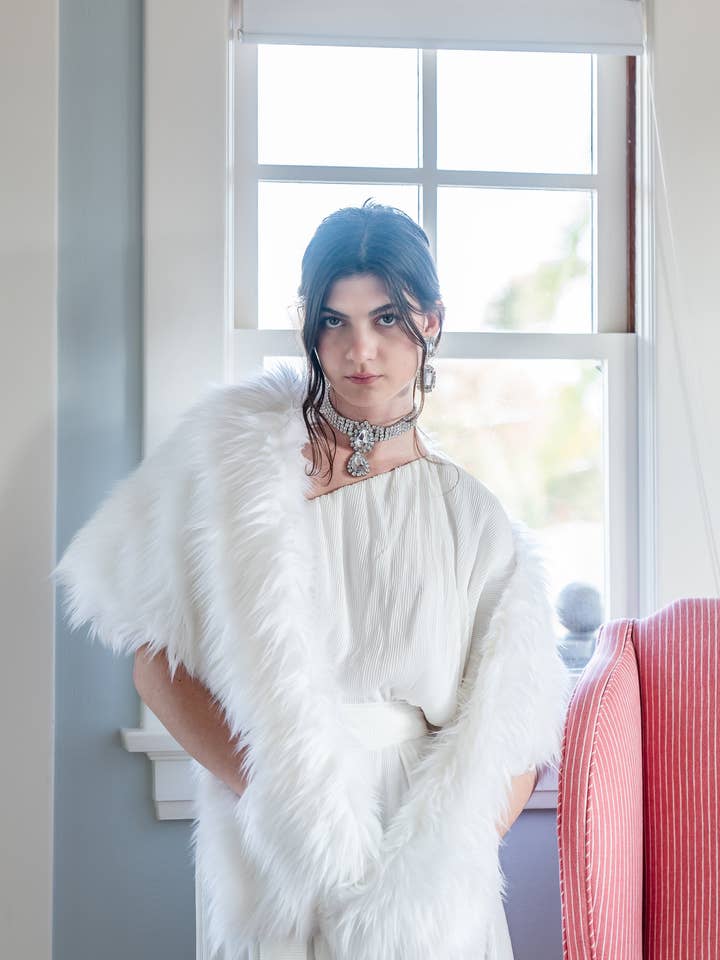 Material Girl White Faux Fur Shawl for wholesale by Jennafer Grace