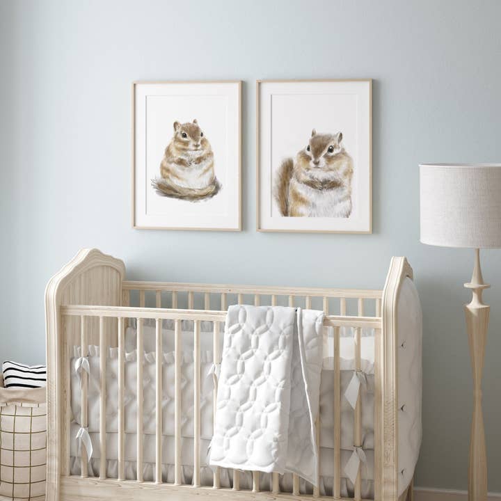 Søde Jordegern Børneværelse Kunstsæt - Baby Pige Værelse Dekoration, Skovdyr til Soveværelse, Boho Minimalistisk Skov Akvarelmaleri for engroshandel hos Triple Studio