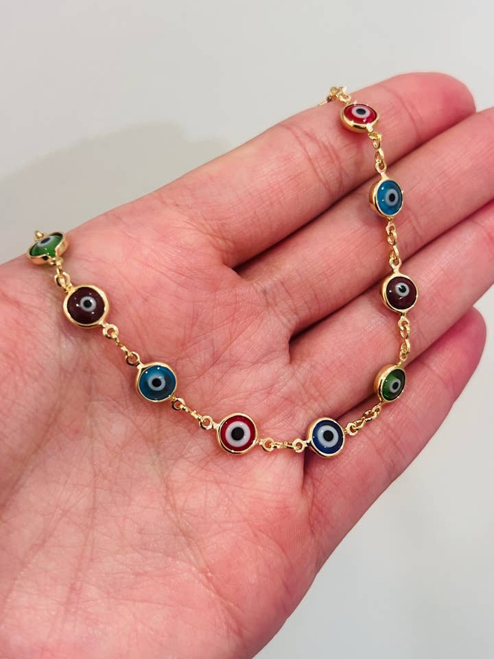 Gold Filled Evil Eye Anklet | Vibrant Symbolic Accent for wholesale by Haus of Monogram