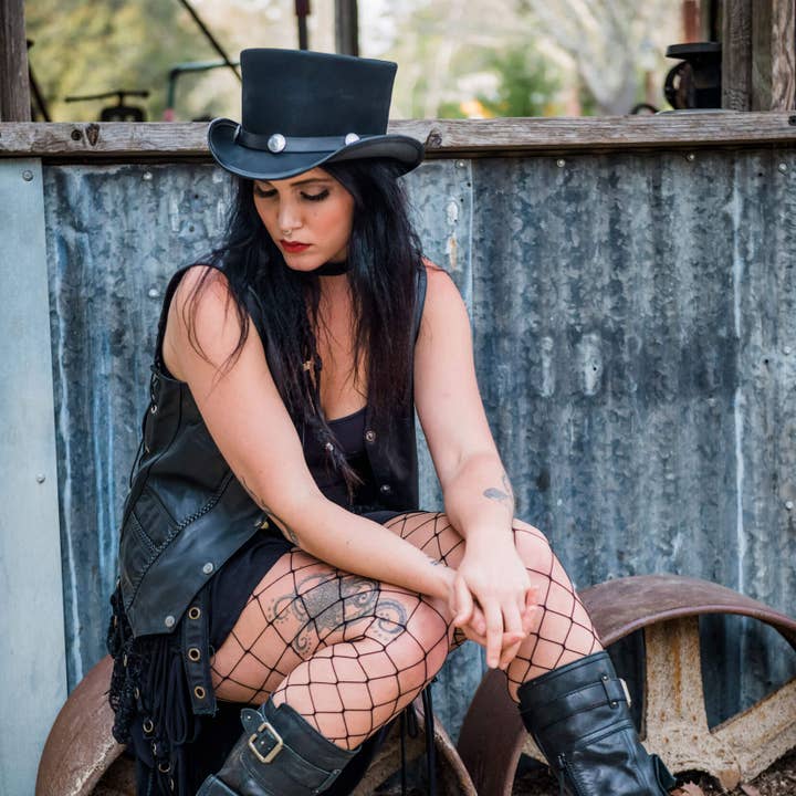 American Hat Makers - Wholesale Fedora - Unisex - Biker Leather Top Hat Buffalo Band - Style El Dorado Buffalo3