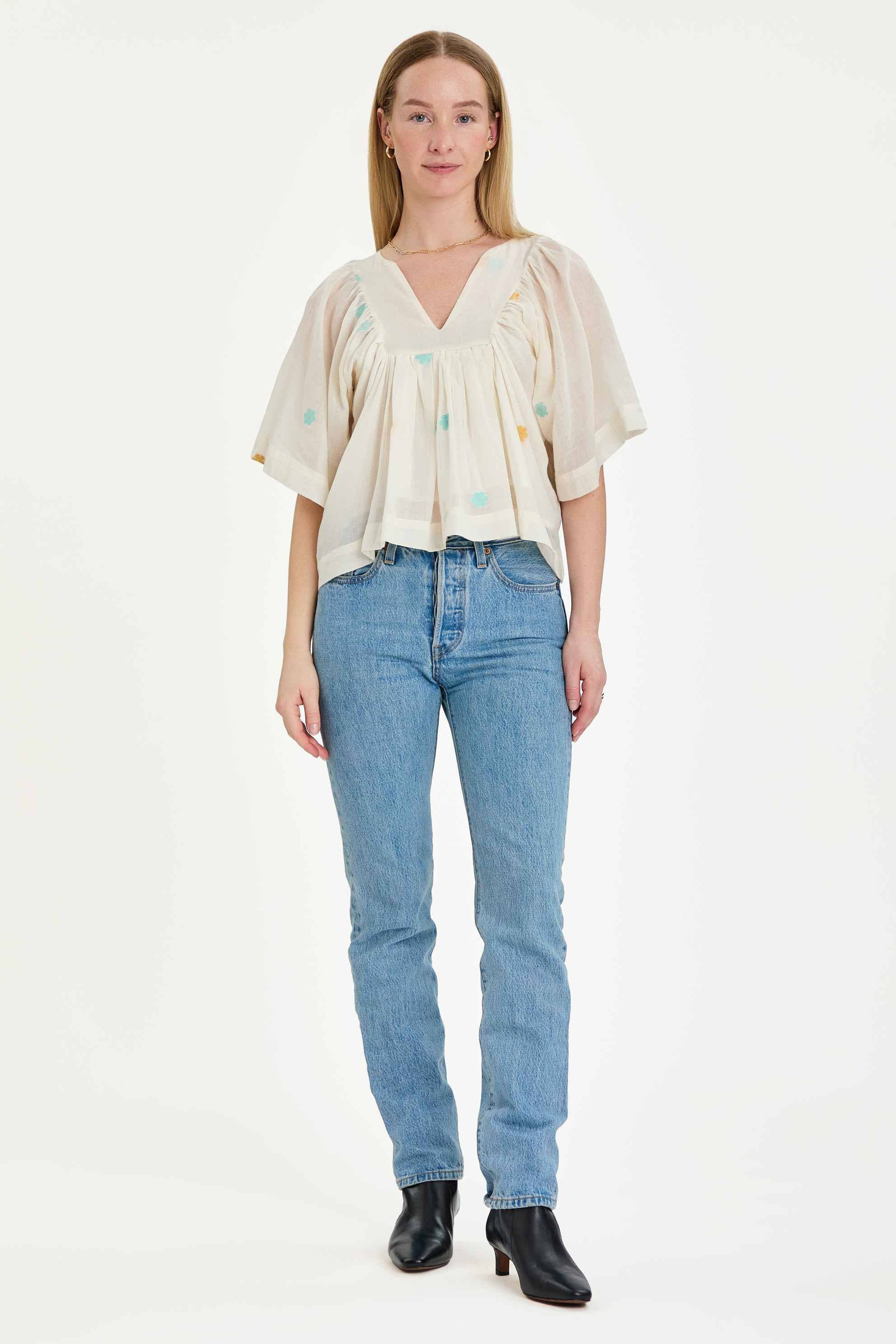 Thuli - Wholesale Blouse - Women's - White Cotton Flared sleeve Top – Multicolor Floral details-Peony2