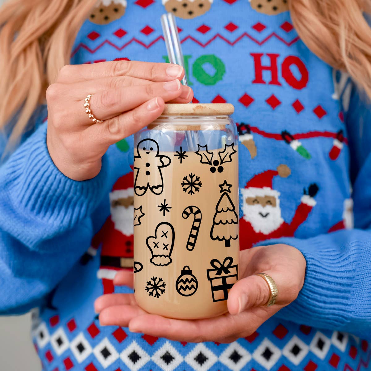 Gia Roma - Wholesale Drinking Glass/Cup - Candy Cane Christmas Can Glass. Cup With Glass Straw & Lid90