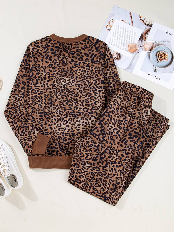 Coffee Leopard Print Contrast Trim Long Sleeve Top and Pants Set for wholesale on Faire2