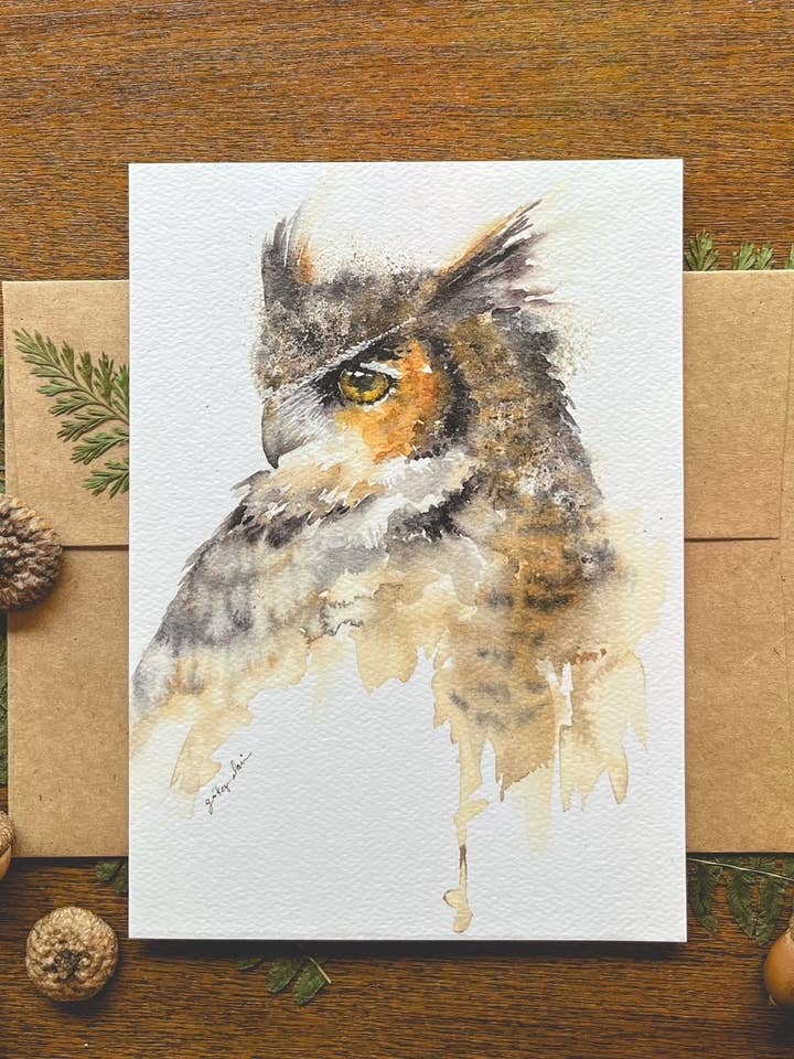 Great Horned Owl A7 watercolor greeting card for wholesale by The Painter’s Nest