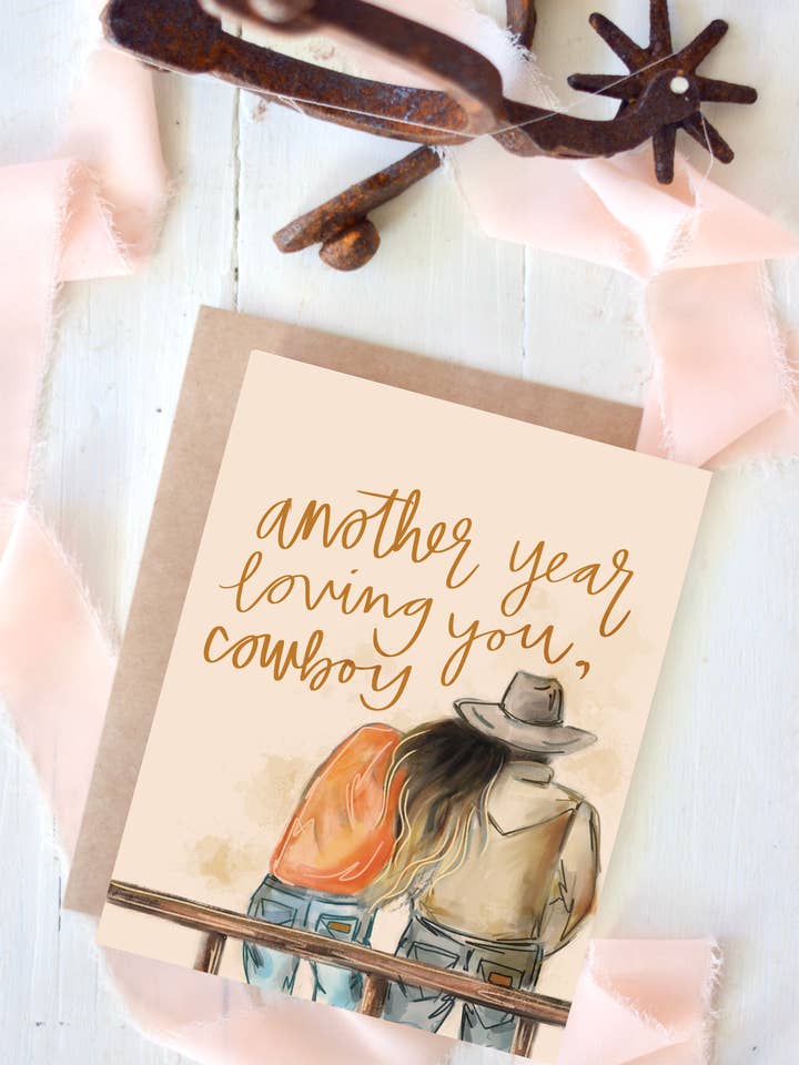 Another Year Loving You, tarjeta de amor de Cowboy para el día de San Valentín para venta al por mayor de Tirzah Lane Art