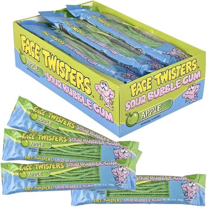 Royal Wholesale - Wholesale Chewing Gum - Face Twisters Apple Sour Bubble Gum Straws 12ct