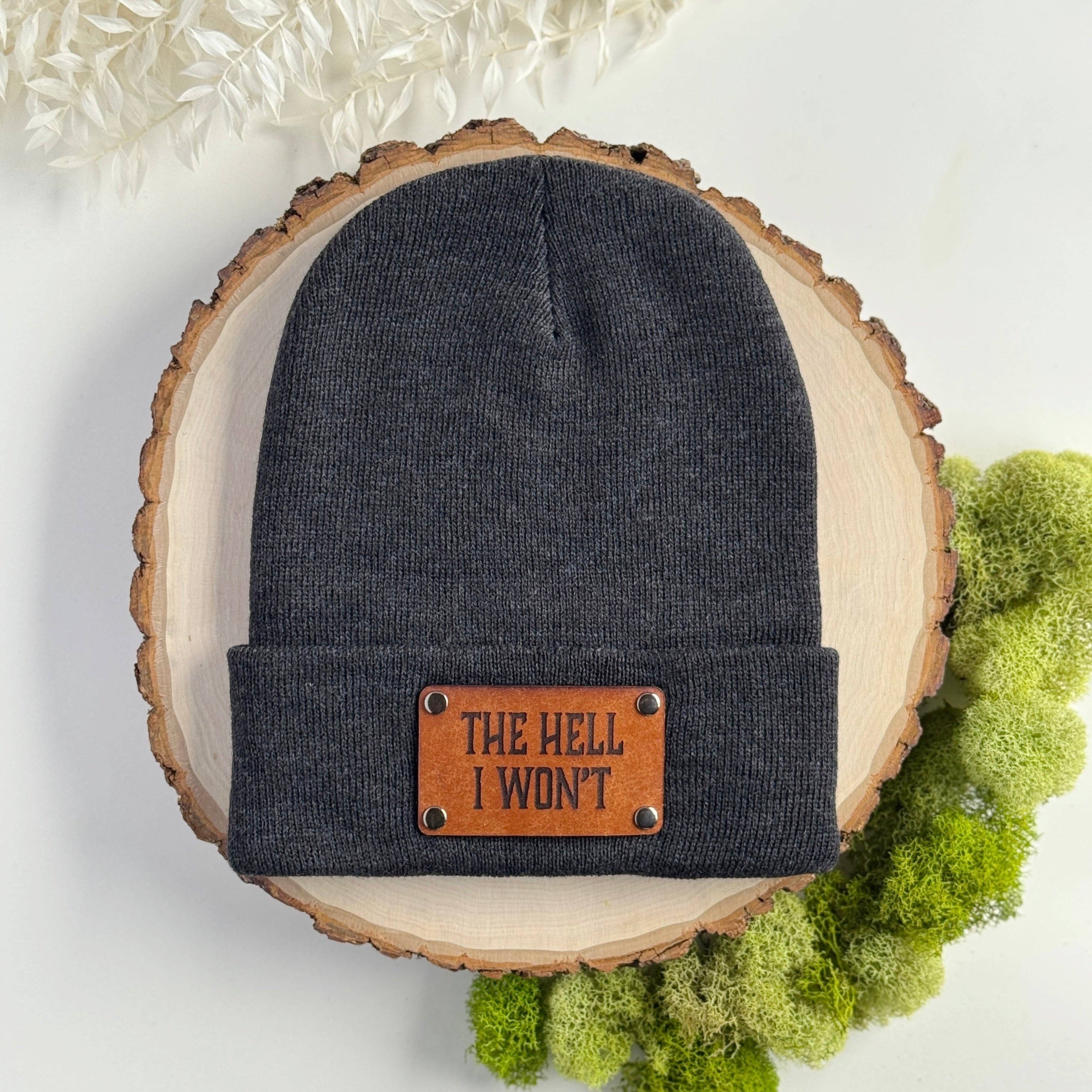The Lonely Pine - Wholesale Beanie - Unisex - The Hell I Won't beanie with snap on/off leather patch0