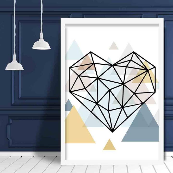 Heart Abstract Multi Geometric Scandinavian Blue,Yellow,Beige Poster for wholesale by Artze Wall Art