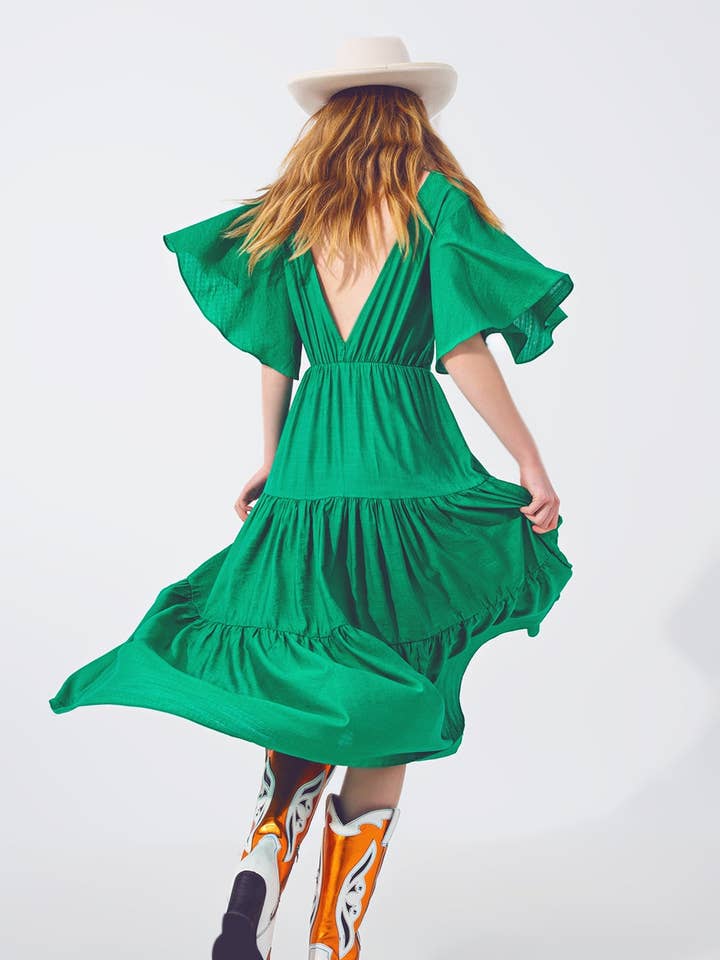 Smock V Neck Maxi Dress in Green for wholesale by Q2—All Orders:Free Duties for the US,UK,and Canada