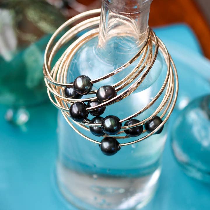 Beach Babe Hawaii - Wholesale Bangle Bracelet - TRIPLE Tahitian Pearl Bangle in 14k Gold-Fill