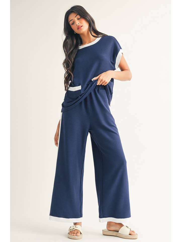 Little Daisy Closet - Wholesale Top & Pant Set (NOT Loungewear) - Women's - LDC Color Block Pocketed T Shirt and Wide Leg Pants Set