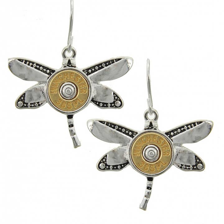 0011 PREMIERE – wholesale Dangle earrings – FR4614 Matte Gold Winchester Bullet Dragonfly Earrings